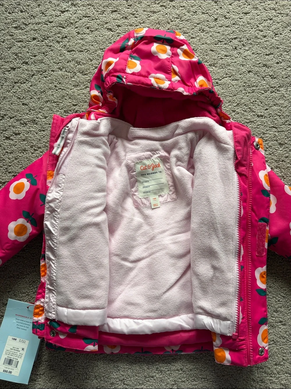 Cat & Jack 3-in-1 Snowplay Jacket All-Weather Coat Pink Floral Toddler Girl 18M